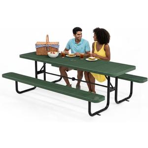 Commercial Heavy-Duty Metal Picnic Table - ADA Compliant, Adjustable Seats, Umbrella Hole, Expanded Metal (Green, 8' Rectangular)