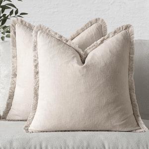 MIULEE Christmas Decorative Throw Pillow Covers Neutral Linen Fringe Throw Pillows Euro Shams Set of 2 Natural Beige Boho Farmhouse Cushion Covers for Couch Sofa Bed Living Room Home Decor 22x22 Inch