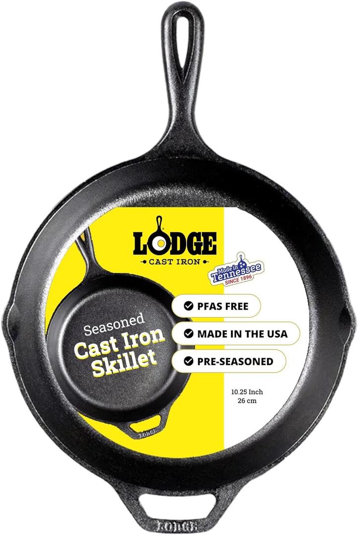 Lodge Seasoned Cast Iron Skillet  PFASFree, NonToxic Cookware  Use with an Oven, Stove, Grill, or Campfire  Naturally NonStick & Oven Safe  10.25 Inches