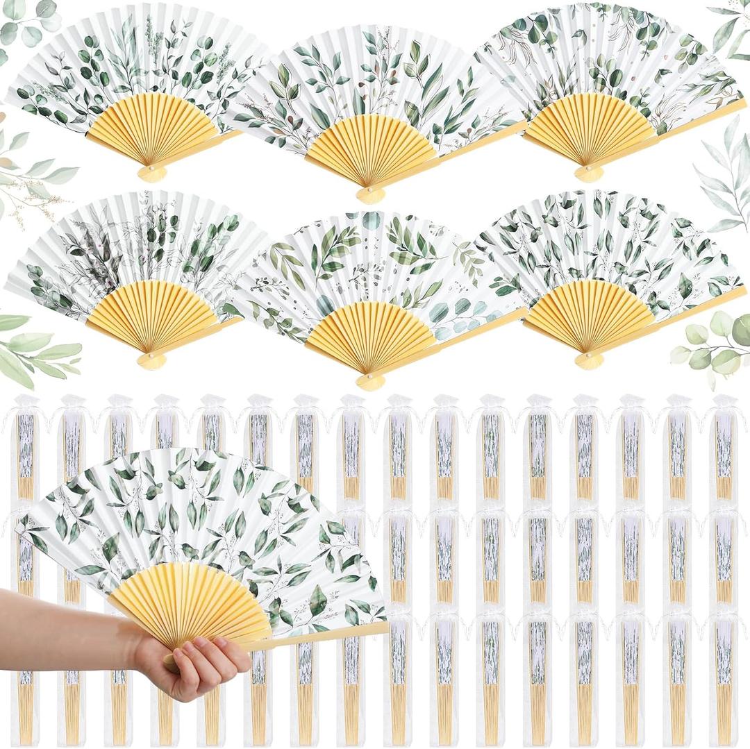Briwooody 48 Set Eucalyptus Leaf Hand Folding Fans with Organza Bags Bulk Greenery Wedding Favors for Guests Boho Green Leaf Paper Fan for Bridal Shower Supplies Bridesmaid Gifts Party Decorations