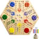 Wooden Board Game, Original Marble Game Double Sided Painted 2 to 6 Player Fast Track Board Game Wooden with 6 Colors 24 Marbles 6 Dice for Adults Kids Family(15 INCH)