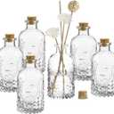 MyGift Vintage Design Embossed Fleur De Lis Clear Glass Bottles with Cork Lid, Apothecary Flower Bud Vases, Set of 6
