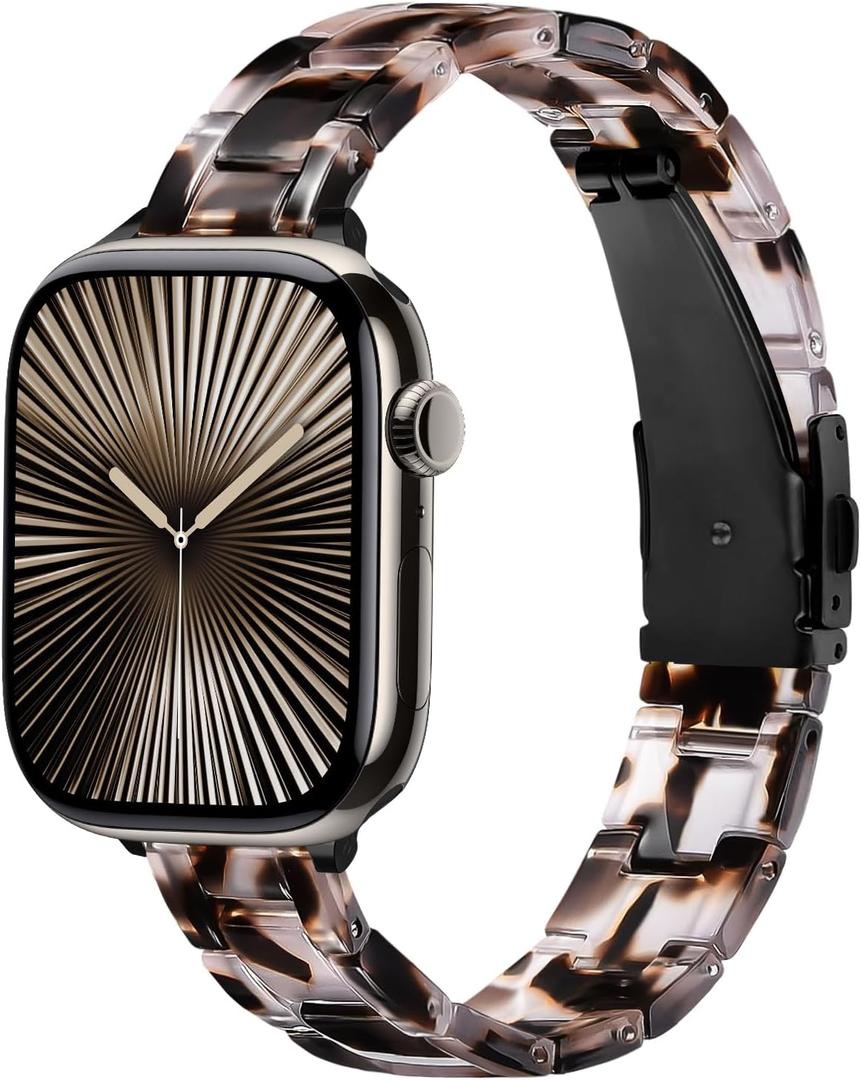 Slim Resin Band Compatible With Apple Watch Band Women 38mm 40mm 41mm 42mm 44mm 45mm 46mm, 14mm Thin Tortoise Lightweight Bracelet Dressy Strap for iWatch Bands Series 11 10 SE 2nd/3 9 8 7 6 5 4 3