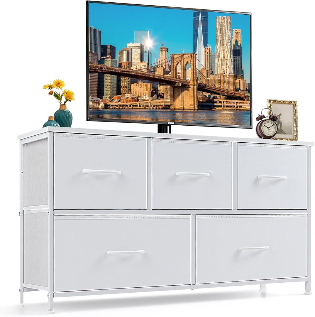 5-Drawer Dresser for Bedroom, Anti-Tip Wide Storage Organizer Fabric
Chest of Drawers TV Stand for 45" TV with Wooden Top and Metal Frame for Closet, Living Room, Hallway, Entryway, White
