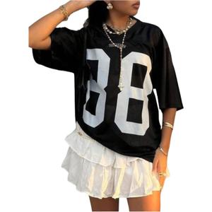 Verdusa Women's Plus Size Football Jersey Shirts Number Graphic Tees Short Sleeve T Shirt (Black, XXL)
