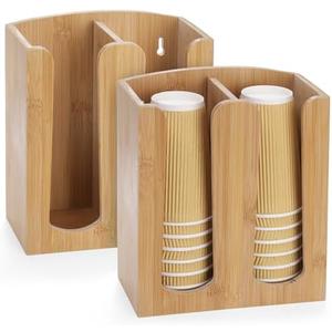 Suwimut 2 Pack Bamboo Coffee Cup and Lid Storage Organizer Holder, 2 Compartments Disposable Paper Cup Dispenser, Cups and Lids Organizer for Kitchen Countertop Coffee Bar