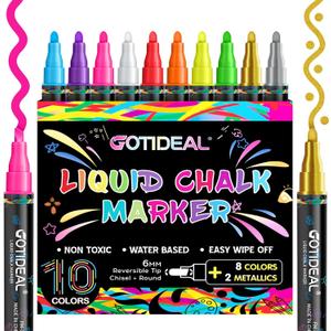 GOTIDEAL Chalk Markers,10 Colors Liquid Chalk Markers for Blackboard,Erasable Chalk Board Pens,Window markers for Glass Washable,Car,Glass,Calendar,Sign,Menu Diy Painting(6 mm Bold&Chisel Tip)