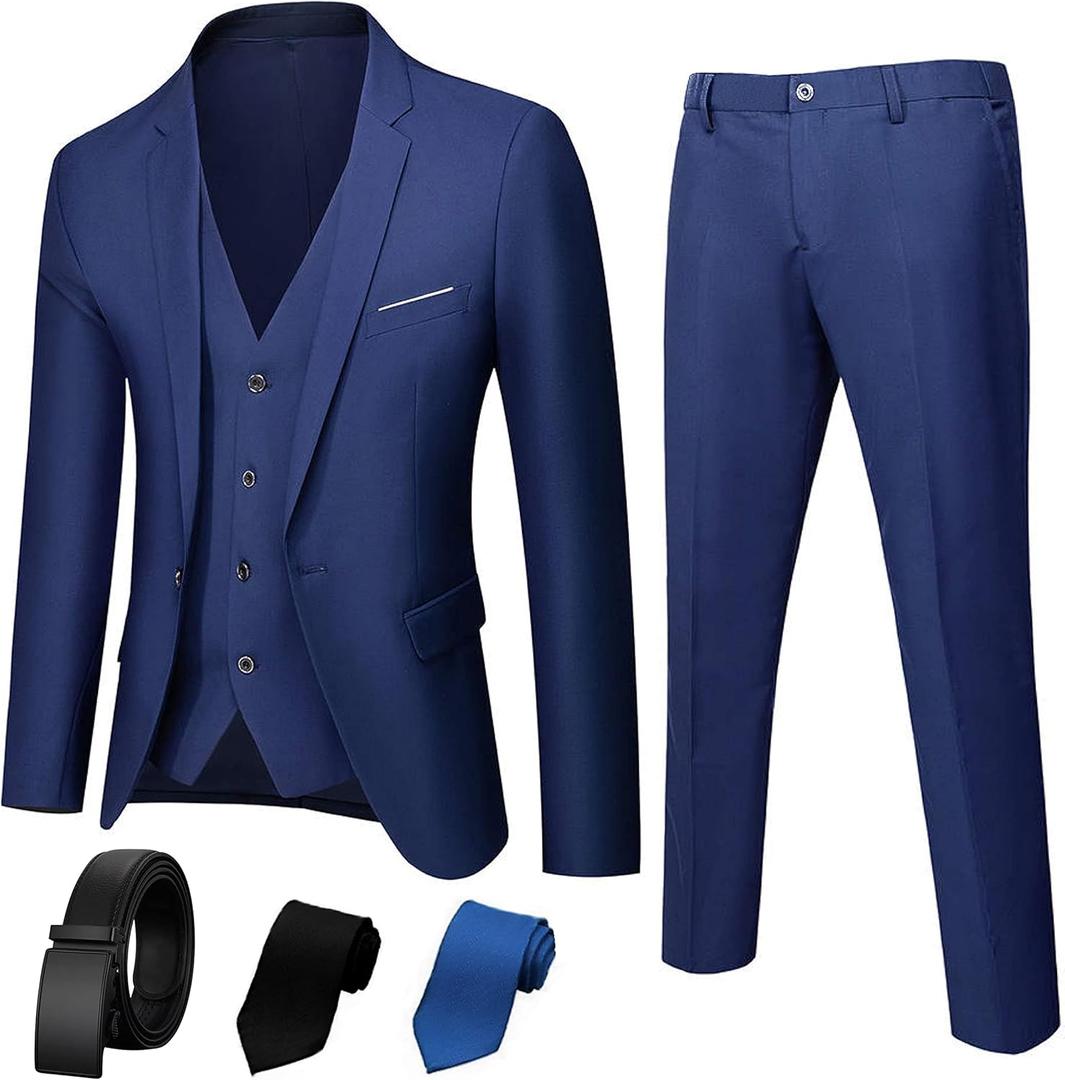 3 Piece Mens Suit, Slim Fit Stylish Jacket, Pants, Vest, 2 Ties, and Belt, Perfect for Weddings, Business and More (X-Large, Navy Blue)