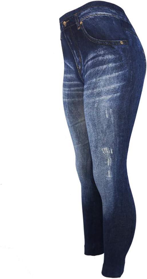 Women's Denim Print Seamless Full Leggings for All Seasons - One Size Fits Small and Medium (Large-X-Large, Blue)