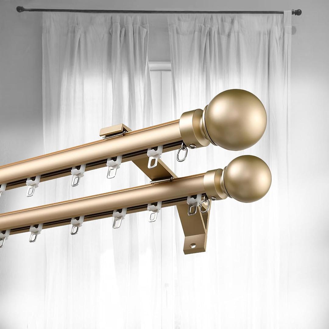 Double Curtain Track Rod Window Wall Ceiling Mount Drapery Rod Aluminum Alloy Silent Dual Rail with Round Finials Golden 2.6m (8.5ft)