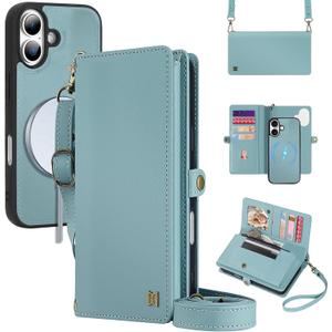 for Wallet Case Compatible with iPhone 17,Multi-Function Detachable 2 in 1 Magnetic iPhone 17 Case Wallet,Flip Strap Zipper Card Holder Phone Case with Shoulder Straps (Blue)