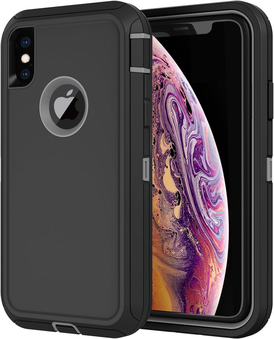 Annymall for iPhone X Case,iPhone Xs Case with Screen Protector Full Body Shockproof Drop-Proof Heavy Duty Rugged Bumper 3-Layer Defender Protective Phone Case Cover for Apple iPhone X/Xs (Black/Gray)