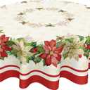 Kawani Christmas Round Tablecloth 55 Inch Red and White Christmas Floral Leaves Table Cloth Winter Xmas Farmhouse Polyester Table Cover for Holiday Kitchen Dining Room Party Indoor Outdoor Decor