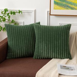 Kevin Textile Pack of 2 Corduroy Soft Soild Spring Decorative Square Throw Pillow Covers Set Cushion Cases Pillowcases for Sofa Bedroom Car 20 x 20 Inch 50 x 50 Cm Moss Green