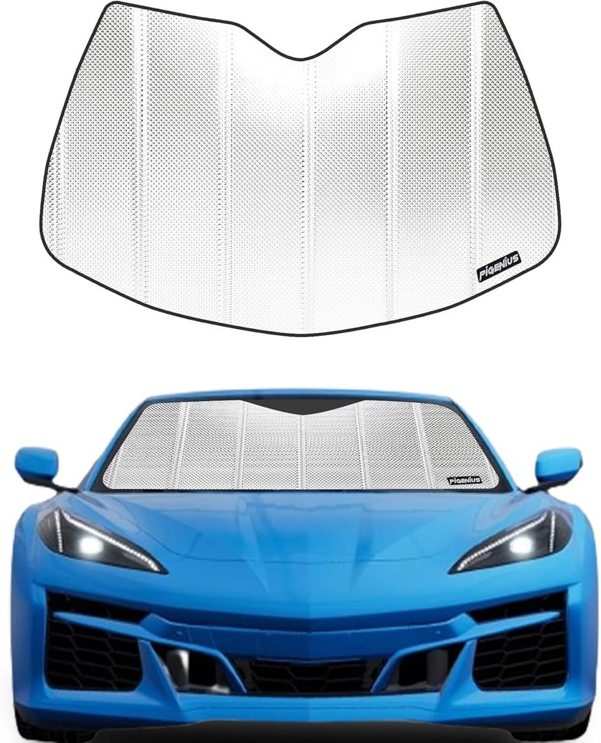 Pigenius Windshield Sun Shade for Chevy Corvette C8 2020-2026. Reflective Aluminum Film Front Window Sunshade - BLAZBLOCK (Classic Shiny Silver)
