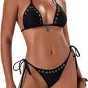 SOLY HUX Women's Two Piece Swimsuit Halter Triangle Tie Side String Bikini Set Grommet Eyelet Bathing Suit (Plain Black)