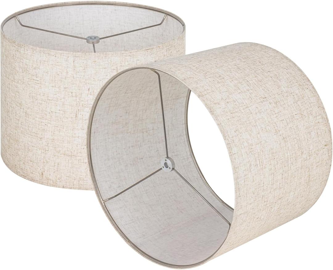 Wellmet Linen Set of 2 Drum Lampshades, Easy Assembly Required 16" Top x 16" Bottom x 12" High Replacement Lamp Shades, Fabric Lampshades for Table Lamps Floor Lamps, Metal Spider Fitter