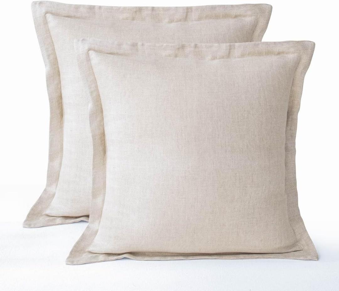 meadow park Stone Washed French Linen European Pillow Shams, Set of 2 Pieces, 26 inches x 26 inches Square Euro Sham, Super Soft, 1.5 inches Flange, Natural Herringbone