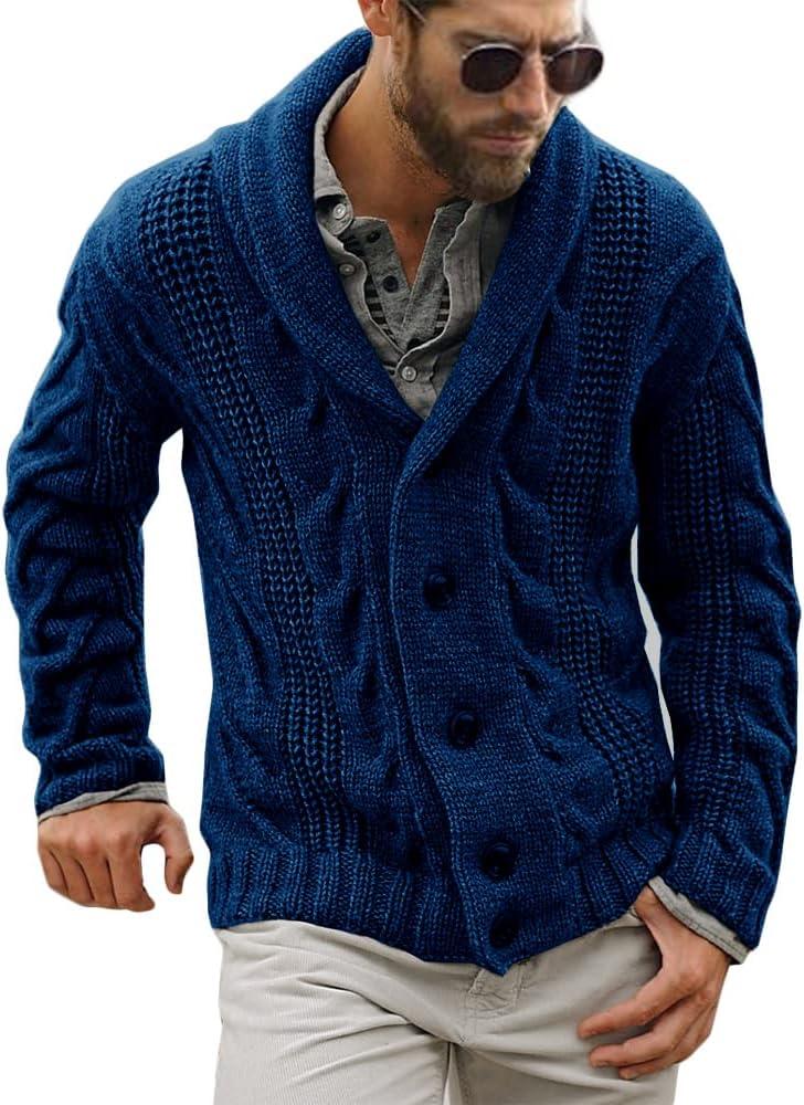 Mens Cable Knit Cardigan Sweater Shawl Collar Loose Fit Long Sleeve Casual Cardigans (Medium, Navy)