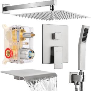 Bietor Wall Mounted Shower Faucet Set, Shower System with Tub Spout, 10 Inch Rainfall Shower Head with Handheld Spray, Waterfall Tub Spout Bathtub Faucet, Brushed Nickel