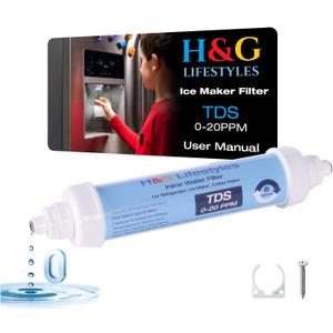 H&G Lifestyles Ice Maker Filter Replacement,0 TDS Inline Water Filter for Refrigerator, Reduce TDS to 0-20 PPM,Remove Chlorine Heavy Metal Odor,with 1/4-Inch Quick Connect Fittings