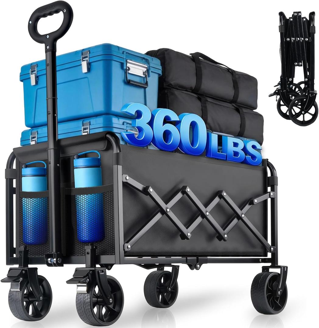 Collapsible Wagon Cart Foldable with Wheels - 360LBS Large Heavy Duty Folding Utility Wagon with All-Terrain Wheels & Brakes for Shopping Garden Beach Camping, 2 Drink Holders/Lightweight/Black