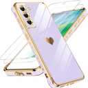 LeYi for Samsung Galaxy S21 FE Case: with Tempered Glass Screen Protector [2 Pcs]+ Full Camera Lens Protection,Love Heart Plating Girly Cute Luxury Soft TPU Shockproof Case for S21 FE,Purple