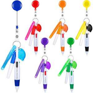 Chinco 30 Pcs Retractable Shuttle Pen Clip with Mini Highlighter Nurse Badge Pen Neon Marker LED Keychain Ring Clip (Mix Color)
