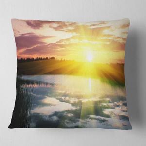 Designart Bright Yellow Sunrise Over Lake' Seashore Throw Cushion Pillow Cover for Living Room, Sofa 16" x 16"