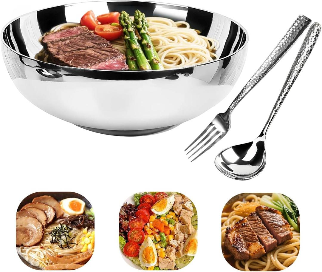 304 Stainless Steel Pasta Bowls, 47oz Double Walled Insulated Soup & Salad Bowls Unbreakable, 8.7" Large Cereal/Ramen/Udon/Noodle/Pho Bowl Plates with Spoons & Forks, Dishwasher Safe