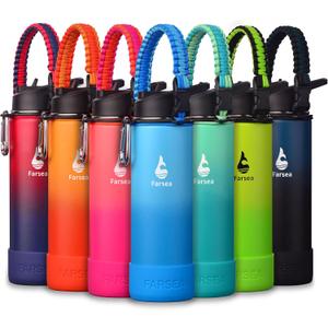 Farsea Insulated Water Bottle With Paracord Handle, Protective Silicone Boot and 2 Lids (Straw Lid & Spout Lid), Stainless Steel Water Bottle Wide Mouth, Double Wall Sweat-Proof BPA-Free, 24 oz