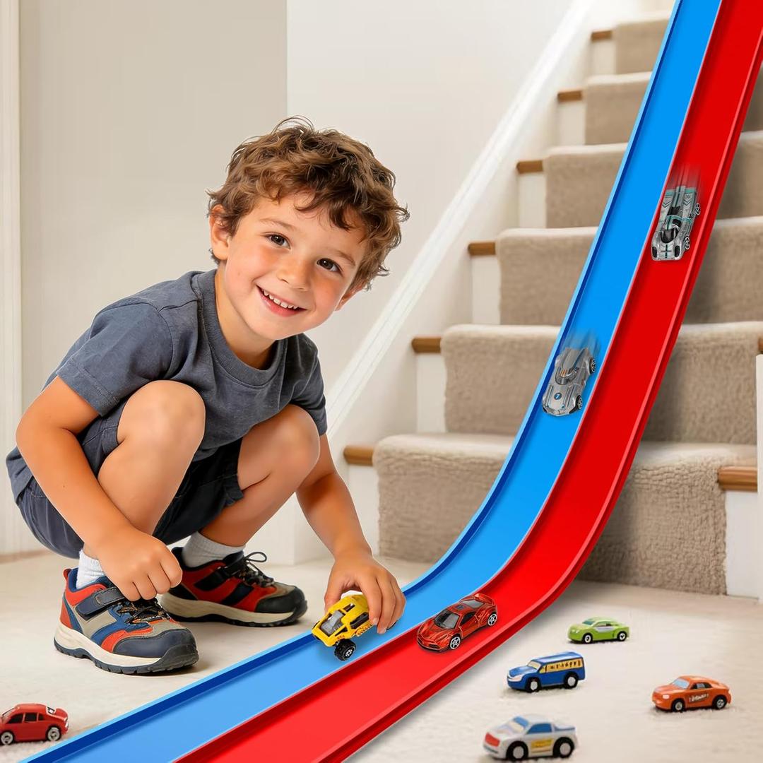 Flexible Race Track Toys for Kids, 15 Ft Flex Tracks Starter Set with Strong Suction Cups - Compatible with Hot Wheels and Diecast 1/64th Cars, Rolls up Portable Race Car Ramp Track (Blue Red)