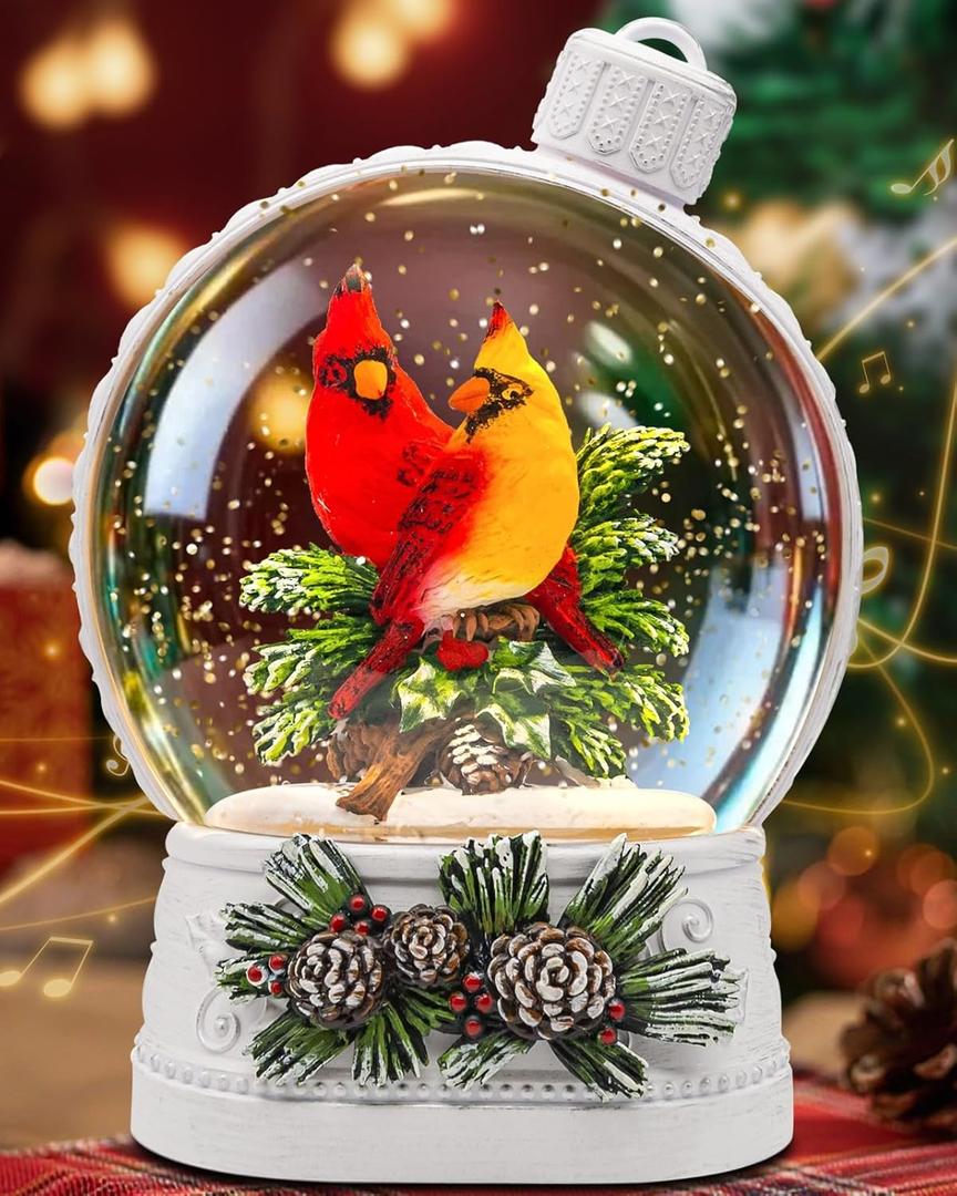 Christmas Cardinal Snow Globe Light up Lantern with 8 Songs, 6.7" White Christmas Snow Globes for Kids Adults, 6H Timer & Dual Power, Snowglobes Christmas Decorations Indoor, Gifts for Women Men (Red Bird Yellow Bird 69)