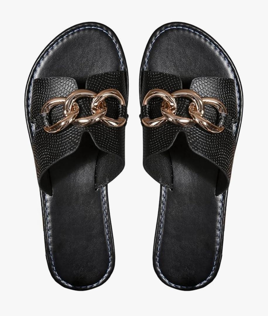 Verdusa Women's Open Toe Chain Flat Sandals Faux Leather Summer Slippers Slip on Slides, Size 38