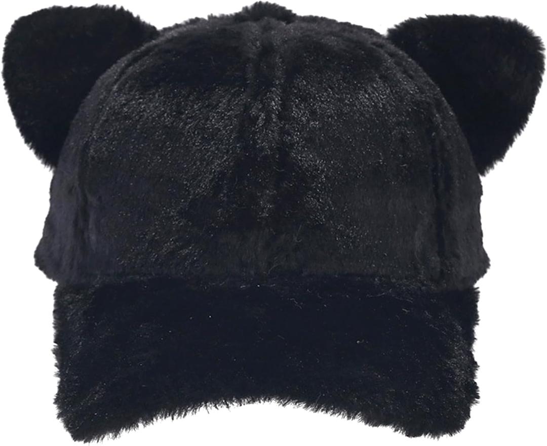Fuzzy Faux Fur Baseball Cap for Women Girls Cute Cat Ears Winter Warm Baseball Hat Trucker Dad Hats (One Size, Black)