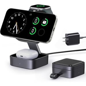 3 in 1 Wireless Charging Station for Apple Devices, Magnetic Foldable Travel Fast Charger Stand Compatible with MagSafe for iPhone Air/17/16/15/14/13/12 Series, Apple Watch & AirPods Pro/4/3/2-Black