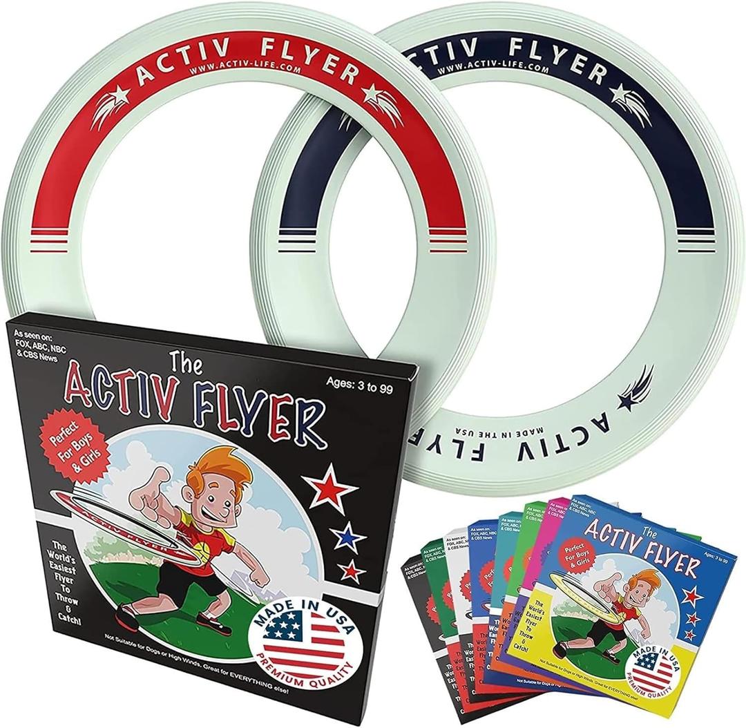 Activ Life Kids Flying Rings (2 Pack) They Fly Straight & Dont Hurt, 80% Lighter Than Standard Rings - Replace Screen Time with Healthy Family Fun - Get Outside & Play (Glow)