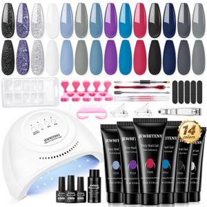 JEWHITENY Poly Nail Gel Kit 14 Colors Purple Nude Grey Black Blue Glitter Tones Starter Kit with UV Lamp Matte & Glossy Top & Base Coat All-in-One Designs DIY At Home