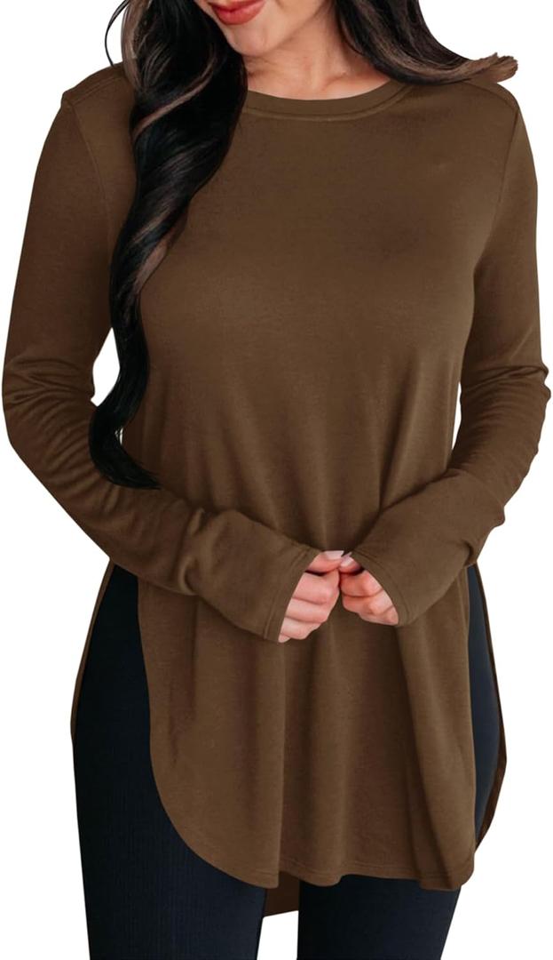 BZB Womens Long Sleeve Tunic Tops Fall Casual Crew Neck Side Split Hi-Low Hem Loose Shirts To Wear With Leggings (Brown, L)
