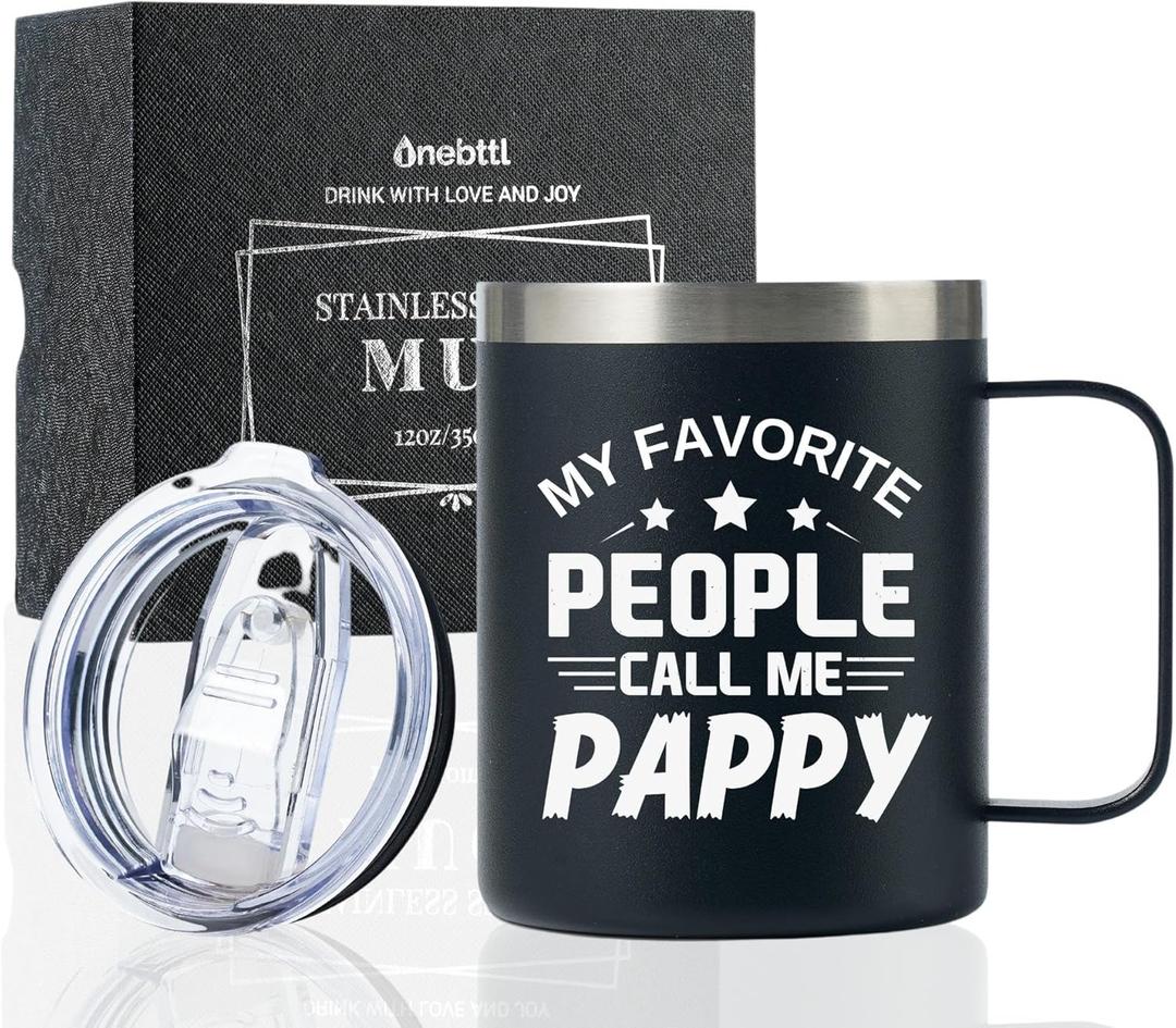 Onebttl Pappy Gifts Coffee Mug for Christmas Father's Day Birthday, 12oz Stainless Steel Coffee Mug with Handle and Lid - My Favorite People Call Me Pappy