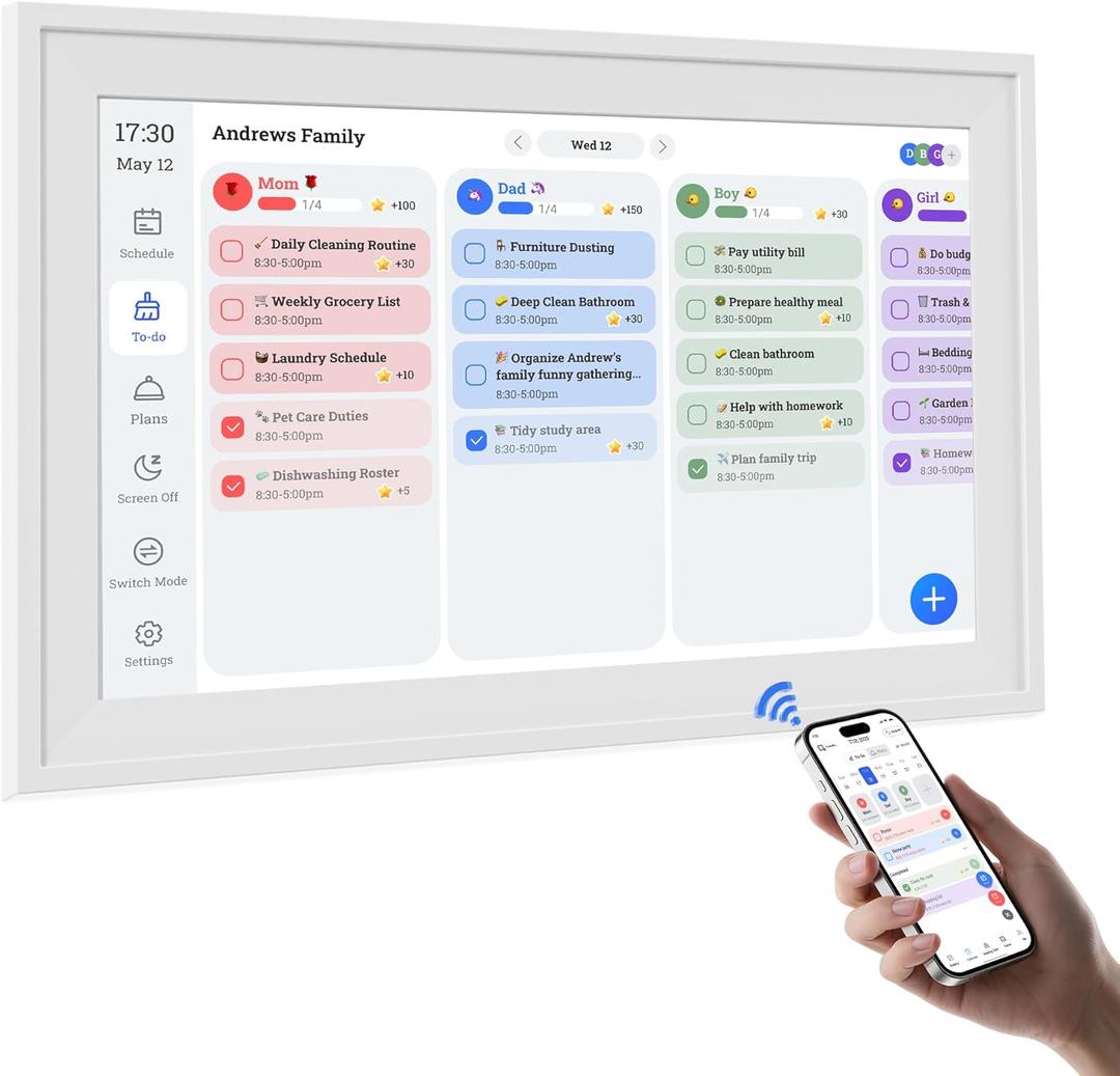 MVOWN 15.6 Inch Digital Calendar Chore Chart 1920 * 1080P Full HD Touchscreen Interactive Display Smart Electronic Calendar for Family Organizer Schedules Desk & Wall Mount Digital Planner White