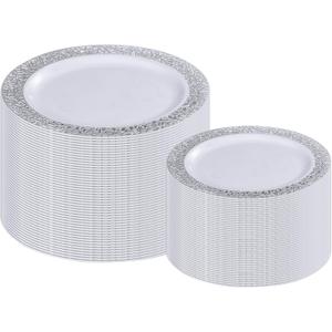 I00000 200 Pieces Silver Plastic Plates, Disposable Plastic Plates for 100 Guests Include: 100 Pcs Dinner Plate 10.25 and 100 Pcs Dessert Plate 7.5 with Silver Lace Rim Perfect for Wedding & Party