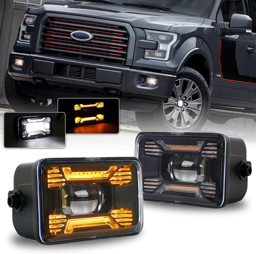 LED Fog Lights F150 Fog Lights with Amber DRL/Turn Signal Rectangular Fog Lights Assembly kit Compatible with Ford F150 2015-2020 Super Duty 2017-2018 1Pair