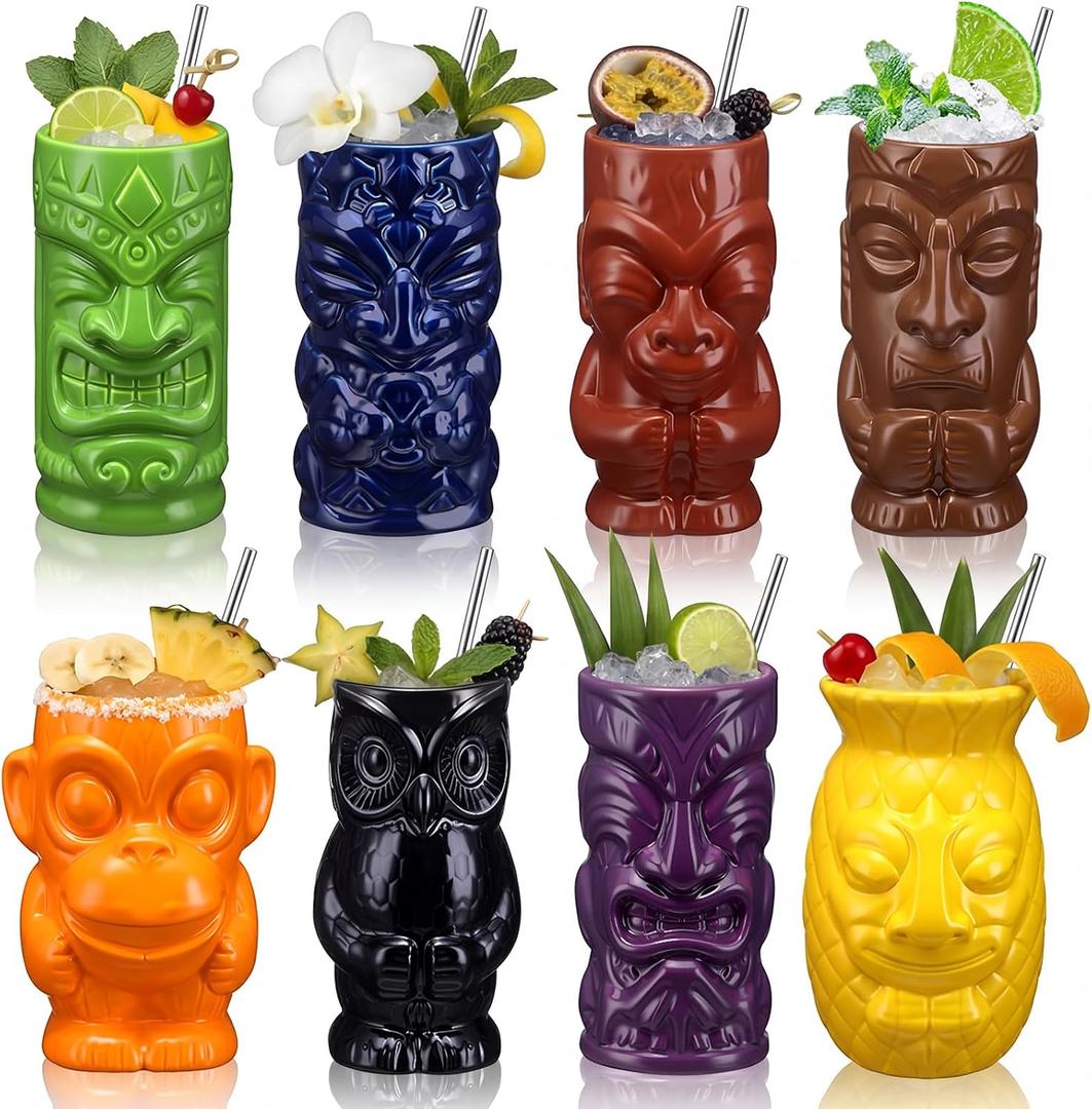 Yungyan 8 Pcs Ceramic Tiki Mugs for Cocktails Tiki Cups for Party Hawaiian Cups Tropical Drinkware for Luau Exotic Party Barware Home Bar Decoration (Mixed Styles)
