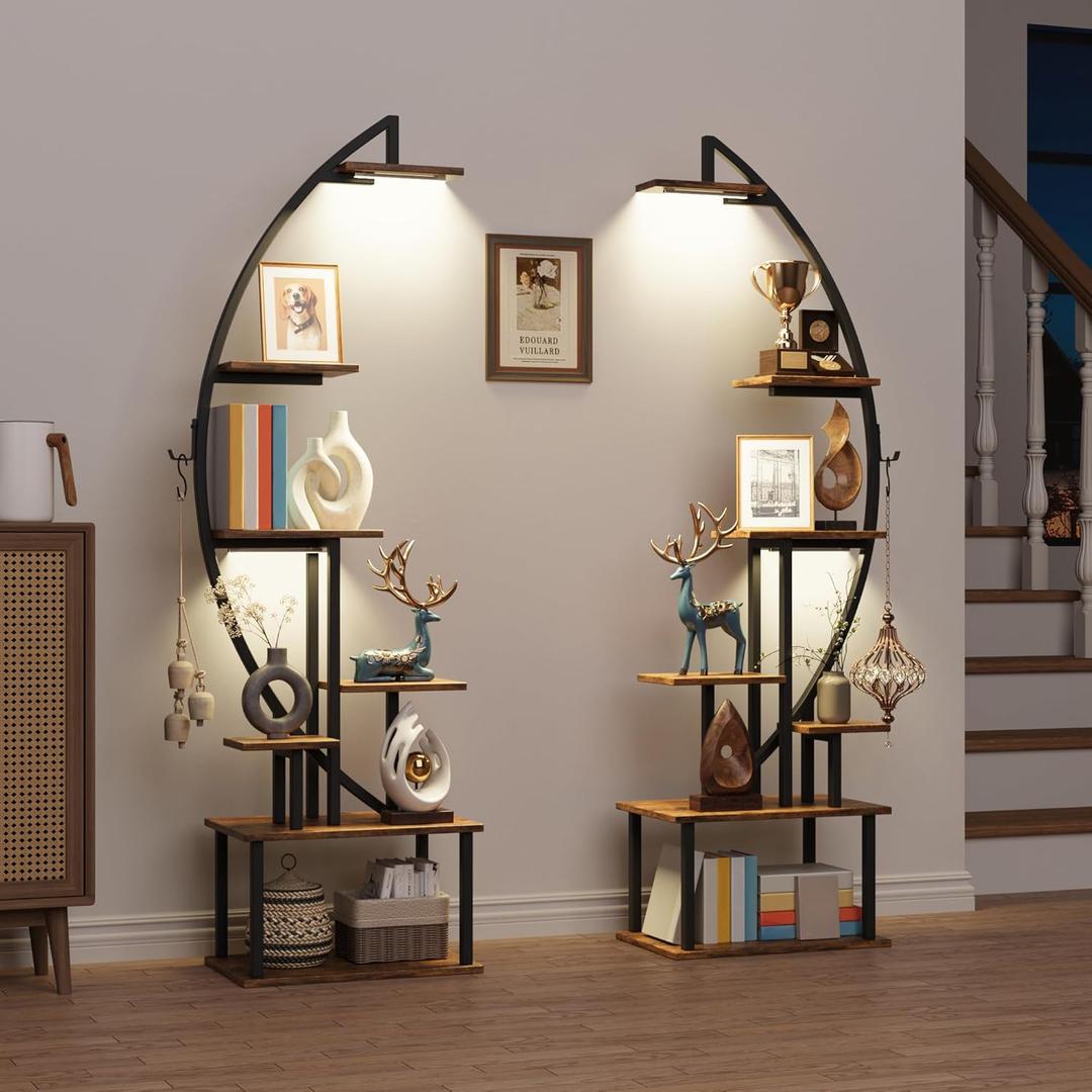 Tall Bookshelf with Lights, 2 Pack Ladder Bookcase, 7 Tier Arched Home Office Storage Book Collectibles Shelves, 64" Modern Corner Display Shelf for Bedroom Living Room Balcony, Rustic Brown