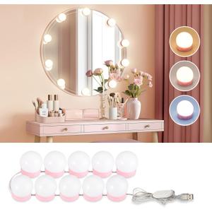 Consciot LED Vanity Lights for Mirror, Hollywood Style Vanity Light with 10 Dimmable Bulbs, Adjustable Color & Brightness, USB Cable, Mirrors Lights Stick on for Makeup Table Dressing Room Mirror (Pink)