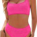 Blooming Jelly Womens High Waisted Bikini Set Tie Strap Jacquard Terry Cloth 2 Piece Swimsuit Modest Cute Retro Bathing Suit (Medium, Hot Pink)