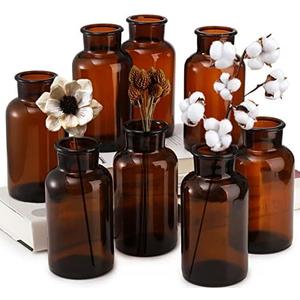 TOPZEA Set of 8 Amber Glass Vase, 17oz Boho Flower Vase Bud Vases Decorative Brown Medicine Glass Bottles Vintage Small Apothecary Jars for Home Décor, Dining Table, Wedding Centerpiece, Bridal Shower