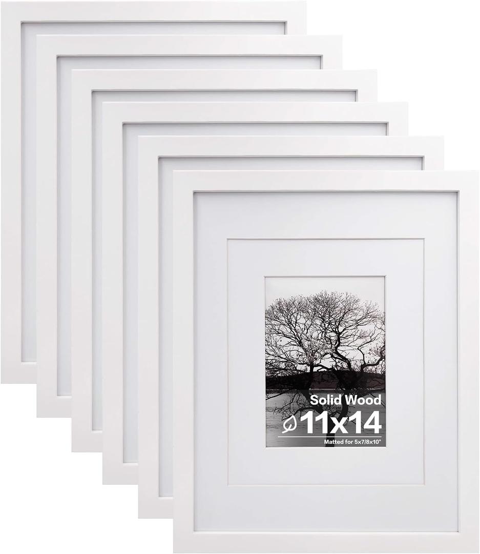 Egofine 11x14 Picture Frames Made of Solid Wood 6 PCS White Covered by Plexiglass - for Table Top and Wall Mounting for Pictures 8x10 or 5x7 with Mat Horizontally or Vertically Display Photo Frame