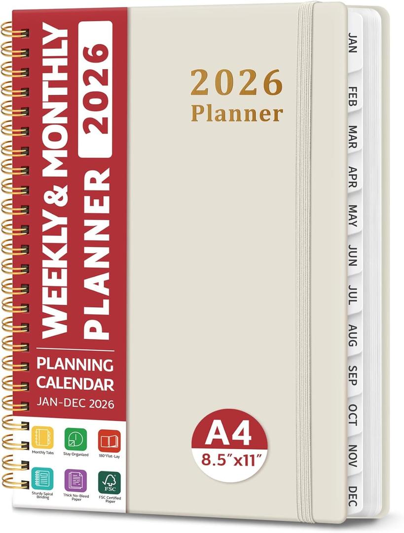 2 x 2026 Planner, Weekly and Monthly Calendar Planner, January 2026 - December 2026, Hardcover 2026 Calendar Book with Tabs For Women & Men, Inner Pocket, Spiral Bound, Perfect for Office Home School Supplies - A4 (8.5" x 11"), Gray